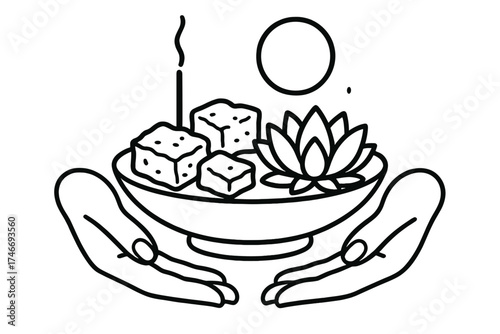 Sacred Offering Scene. Offering bowl outline set. shallow dish, bread pieces, lotus flower, incense stick, symbolic circle, gentle hands