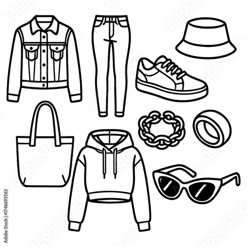 Urban Fashion Icons. Street chic outline set. denim jacket, skinny jeans, sneakers, bucket hat, tote bag, chunky jewelry, cropped hoodie, stylish shades.