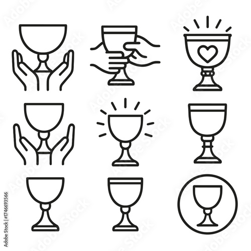 Unity Cup Icons. Unity cup outline set. shared goblet, two hands holding cup, cup with heart, glowing chalice, communal drink, ornate goblet, raised cup, circle around cup.