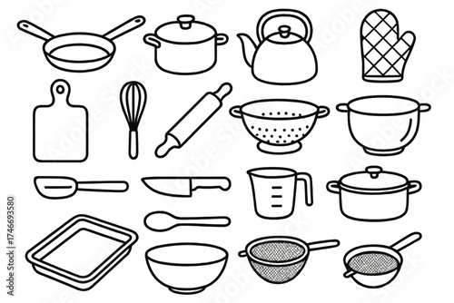 Kitchen Utensils Outline. Kitchen items outline set. frying pan, saucepan, kettle, oven mitt, cutting board, whisk, rolling pin, colander, spatula, chopping knife, measuring cup