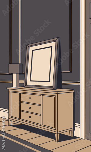 Mid-century Modern Interior Design with Blank Frame and Sideboard Illustration.