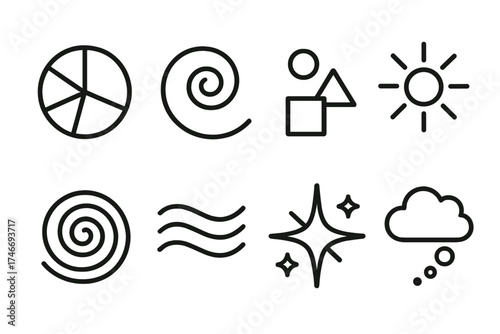 Geometric Swirl Art. Symbolic art outline set. color wheel, abstract swirl, geometric shapes, spiral pattern, radiant sun art, wave lines, creative spark, imagination cloud.