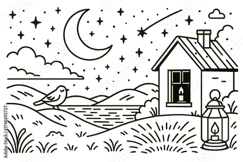 Tranquil Night Scene. Peaceful night outline set. moon, crescent moon, starry sky, cloud, night horizon, quiet house, window with candle, lantern, gentle flame, falling star, calm