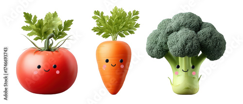 Cheerful cartoon vegetables?tomato, carrot, and broccoli?set against a bright background, emphasizing freshness