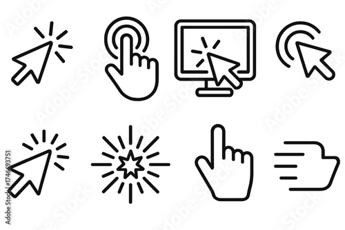 Energetic Icon Rush. Digital rush outline set. cursor with sparks, tapping finger, screen click, arrow with ripple, fast clicks, energetic burst, hand icon, speed lines.