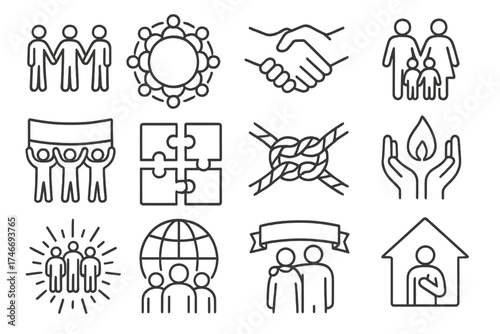 Unity and Togetherness. Community set outline set. people holding hands, group circle, handshake, family figures, teamwork banner, puzzle pieces, unity knot, shared flame, clasped