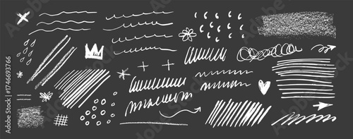 Chalk brush line sketch. Grunge punk doodles. White crayon texture handdrawn scribbles, arrow, stars, heart, crown and squiggles. Kids school vector graffiti icons, rough line sketchy marker stroke bg