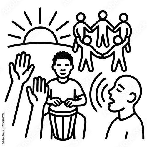Harambee Sunrise Unity. Harambee chant outline set. raised hands, rhythmic drum, unity circle, singing face, echo waves, sunrise horizon