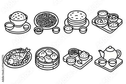 Cultural Feast Icons. Cultural feasts outline set. rice dish table, noodle platter table, flatbread table, curry spread table, seafood feast table, dumpling basket table, spice