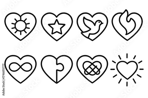 Symbolic Heart Icons. Symbolic hearts outline set. heart with sun, heart with star, heart with dove, heart with flame, heart with infinity, heart with puzzle piece, heart with knot
