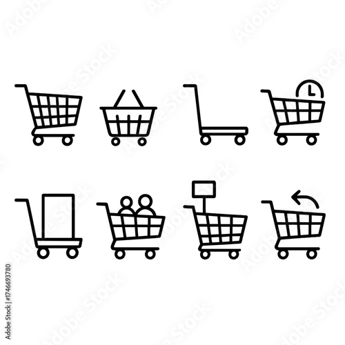 Diverse Shopping Carts. Store carts outline set. supermarket cart, mini basket cart, warehouse cart, express checkout cart, bulk item cart, family shopping cart, self-checkout cart