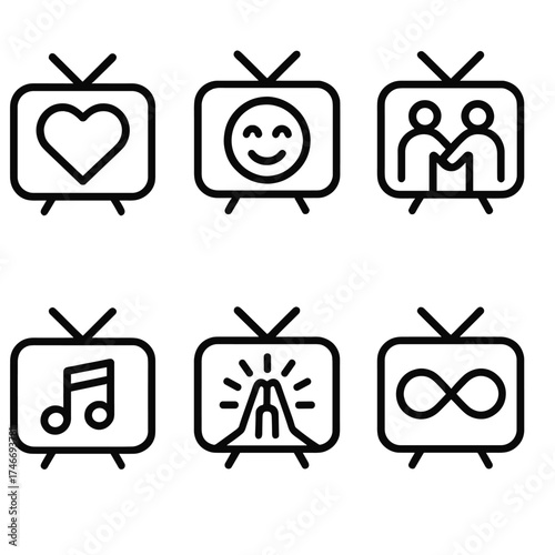 Iconic TV Symbols. Symbolic outline icons. heart with TV, star with TV, joy TV, unity TV, harmony TV, gratitude TV, radiant TV, infinity TV marathon.