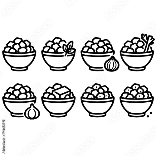 Stuffing Variety Icons. Classic stuffing outline set. bread stuffing bowl, herb stuffing bowl, onion stuffing bowl, celery stuffing bowl, garlic stuffing bowl, buttered stuffing