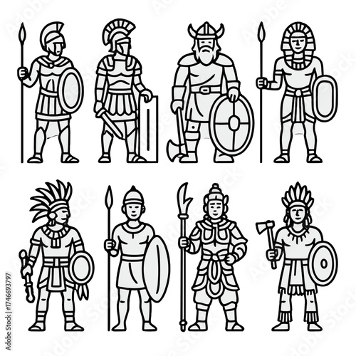 Global Warrior Statues. Cultural outline icons. Greek hoplite statue, Roman centurion statue, Viking statue, Egyptian warrior statue, Aztec warrior statue, African warrior statue