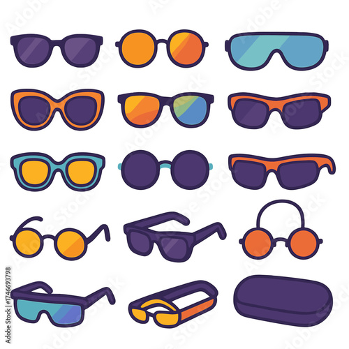 Trendy Sunglasses Collection. Fashion accessories flat icon set. sunglasses, tinted glasses, gradient lens, mirror lens, stylish shades, oversized sunglasses, wayfarer shades
