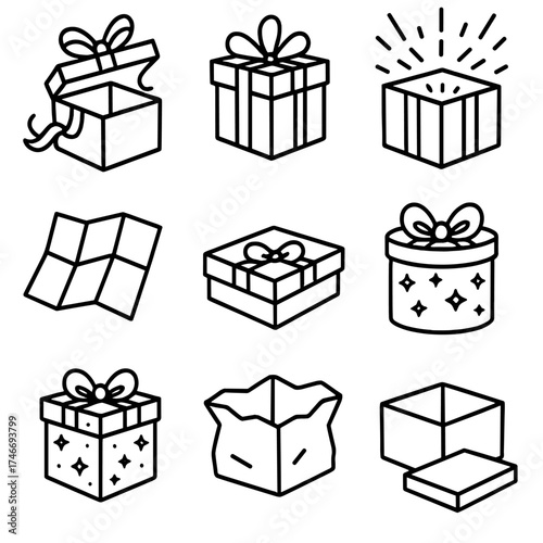 Gift Box Surprise. Gift reveal outline set. open gift box, ribbon falling, glowing surprise, unfolded paper, lid beside box, festive container, sparkling package, empty wrap.