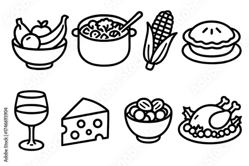 Festive Seasonal Icons. Seasonal table outline set. fruit bowl, vegetable stew, roasted corn, pie on plate, wine glass, cheese wedge, nuts bowl, festive platter.