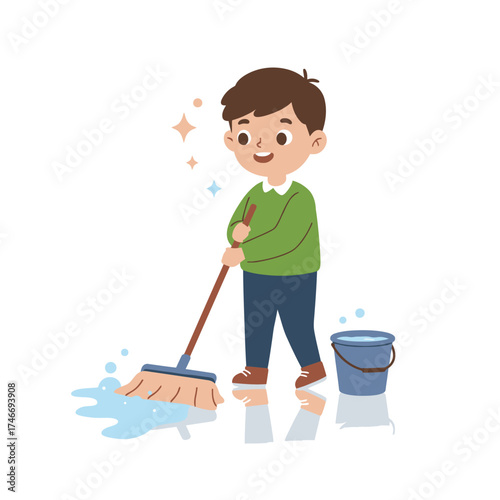 A cheerful young boy diligently mops a sudsy floor, demonstrating responsibility and a positive attitude towards household chores.