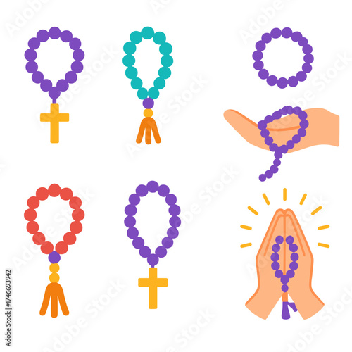Modern Devotional Beads. Devotional beads flat icon set. beads with cross, looped strand, resting in palm, small bead circle, tassel detail, symbolic strand, folded hands with
