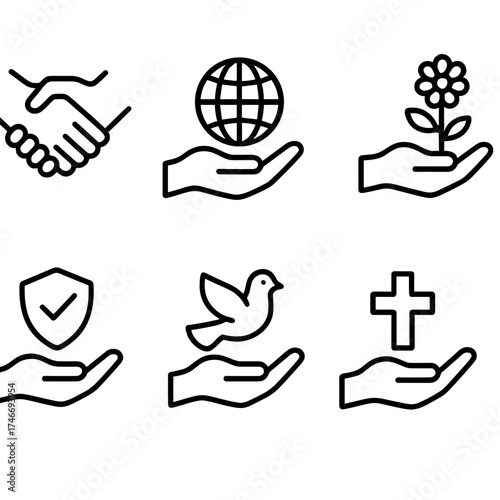 Symbolic Support Hands. Support outline icons. hand lifting another, hand holding globe, hand holding ribbon, hand offering flower, hand with shield, hand with peace dove, hand