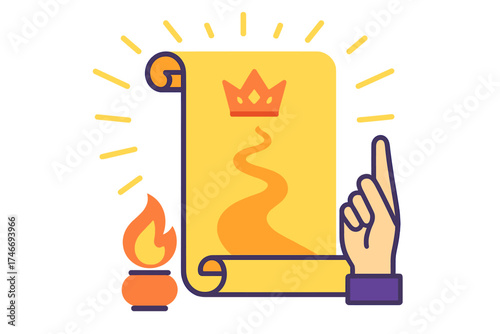 Eternal Wisdom Pathway. Principle scroll flat icon set. illuminated scroll, guiding path, crown emblem, hand of wisdom, radiant light, eternal flame