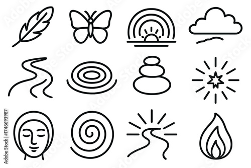 Harmony and Tranquility. Calm imagery outline set. feather, butterfly, rainbow arc, sunrise horizon, flowing river, ripple in water, balanced stones, cloud drift, glowing spiral