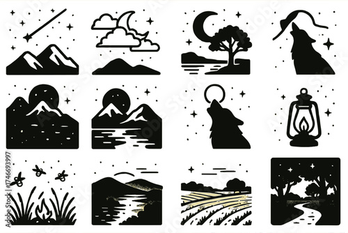 Starry Night Wilderness. Night imagery outline set. starry sky, shooting star, cloudy night, mountain silhouette, river reflection, tree under moon, owl in night, wolf silhouette