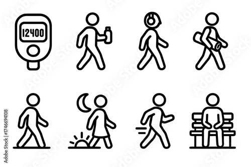 Fitness Icon Collection. Healthy routine outline set. step counter, water bottle walk, headphones walker, yoga mat carry, sunrise walk, evening stroll, fitness walk, relaxing pause