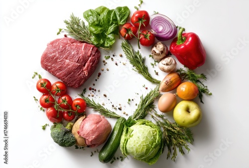 Top view of fresh raw meat and assorted colorful vegetables arranged in a circular pattern on white