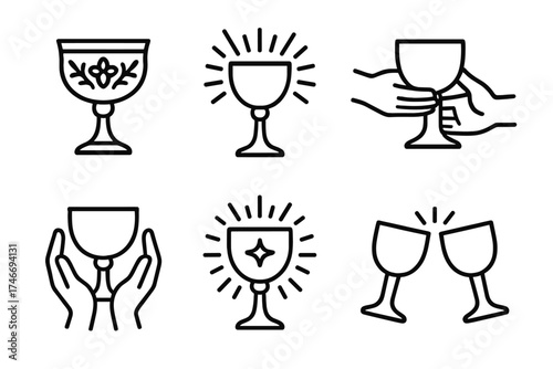 Sacred Unity Chalice. Ceremonial cup outline set. decorated chalice, cup with aura, raised goblet, hands passing cup, cup with star, glowing vessel, sacred drink, unity toast.