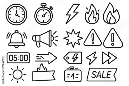 Symbols of Urgency. Urgency visuals outline set. clock, stopwatch, lightning bolt, flame, alarm bell, megaphone, starburst, exclamation mark, countdown timer, rushing arrow, urgent