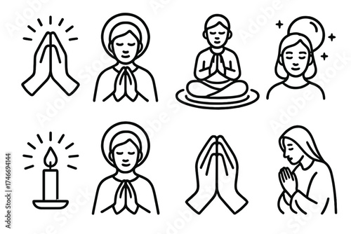 Serene Prayer Icons. Silent prayer outline set. clasped hands, glowing halo, still water, closed mouth, peaceful aura, candle with rays, moonlit calm, folded figure.