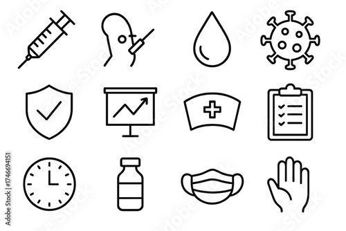 Healthcare Icons Set. Immunization shot outline set. syringe, arm, droplet, virus shape, shield with checkmark, chart, nurse cap, clipboard, clock, vial, mask, hand.