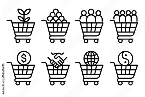 Symbolic Shopping Carts. Symbolic carts outline set. growth cart, abundance cart, unity cart, community cart, prosperity cart, fair trade cart, global shopping cart, harmony cart.