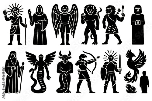 Mythic Guardian Silhouettes. Mythic beings outline set. sun god figure, robed priest, winged guardian, lion-headed spirit, protective deity, bearded sage, eagle spirit, bull
