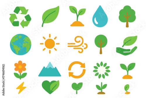 Eco Icons Collection. Eco symbols flat icon set. recycling icon, green leaf, sprouting plant, water droplet, globe, sun, wind swirl, tree, flower, mountain, renewable arrows, hand