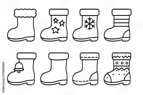 Festive Boot Designs. Festive footwear outline set. fur-trimmed boot, star-decorated boot, snowflake boot, striped boot, bell-adorned boot, red velvet boot, golden stitched boot