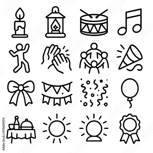Festive Celebration Icons. Celebration items outline set. candle flame, lantern, drum, music note, dancing figure, hand clapping, unity circle, festive horn, ribbon, garland