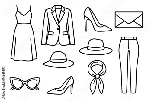 Chic Fashion Line Art. Chic outfit outline set. stylish dress, tailored blazer, high heels, clutch bag, sunglasses, elegant hat, slim trousers, silk scarf.