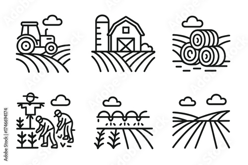Farm Icons Outline. Farm life outline set. tractor in field, barn near field, scarecrow in field, hay bales in field, workers in field, plowed rows, irrigation field, farm road.