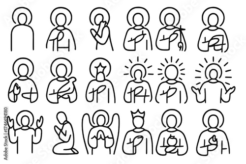 Outline Saints Silhouettes. Sacred figures outline set. saint silhouette, haloed figure, praying saint, saint with cross, saint with book, saint with staff, saint with dove, saint