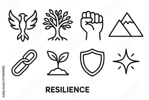 Symbols of Resilience. Resilience symbol outline set. rising phoenix, strong tree, clenched fist, mountain peak, unbroken chain, sprouting plant, shield icon, glowing star.