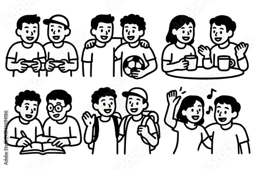 Joyful Friendship Icons. Playful friendship outline set. gaming buddies, sports teammates, music jam, coffee chat, study partners, travel buddies, party friends, laughing duo.