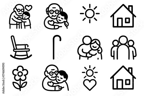 Family Embrace Icons. Grandparent hug outline set. elderly figure, child, heart, open arms, smile, rocking chair, cane, glasses, family group, flower, sun, house.