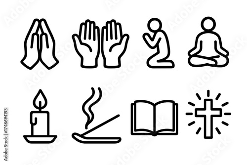 Spiritual Icon Outlines. Spiritual outline icons. praying hands, open palms, kneeling figure, meditating figure, candle flame, incense smoke, sacred book, radiant cross.