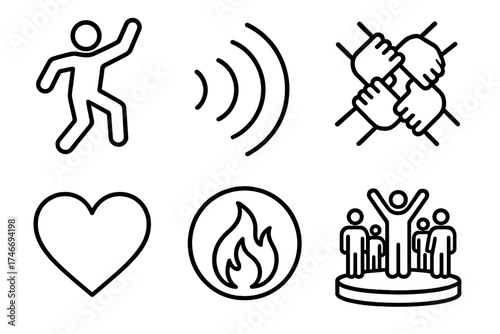 Unity through Dance. Harambee chant outline set. dancing figure, sound waves, unity chain, heart symbol, fire circle, community stage
