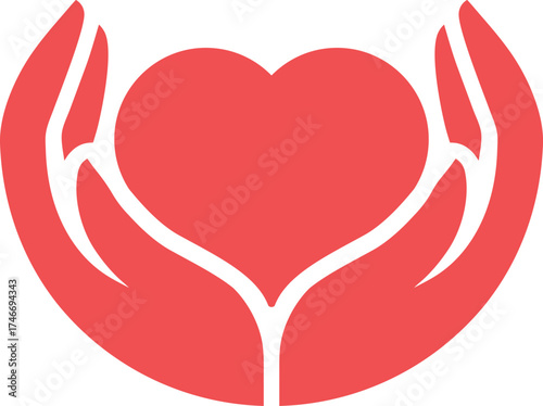 Two caring, loving hands hold heart - simple vector icon logo