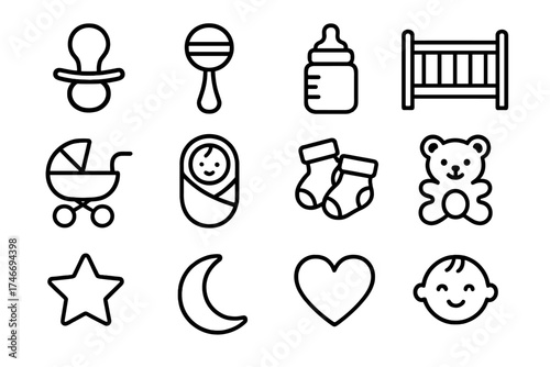 Baby Essentials Icons. Baby arrival outline set. pacifier, rattle, bottle, crib, stroller, blanket, tiny socks, teddy bear, star, moon, heart, smiling face.