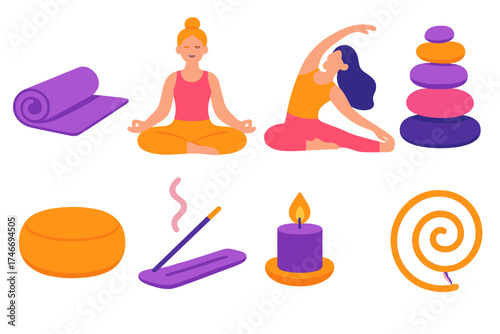 Minimalist Yoga Icons. Yoga & Stretching flat icon set. yoga mat, lotus pose, stretching figure, balance stone stack, incense stick, meditation cushion, candle, spiral energy.