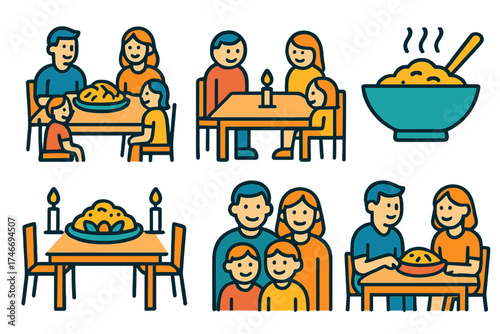 Family Dinner Gathering. Family Mealtime flat icon set. dining table, shared meal platter, group circle, children, candlelight, serving bowl, chairs, smiling faces.